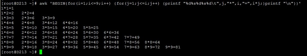 awk 九九乘法表 shell实现代码1