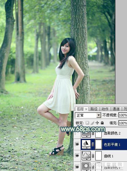 Photoshop为树林美女图片打造出柔和的青黄色14