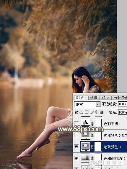 Photoshop为水边的美女图片加上暗调金秋色25