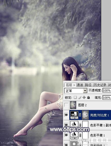 Photoshop为河边美女图片打造古典粉蓝色20