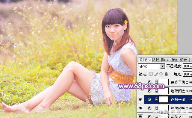 Photoshop将坐在草地上人物图片调制出淡淡的暖紫色18