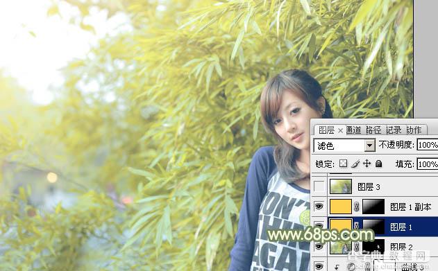 Photoshop为竹林边的美女加上甜美的淡调黄绿色23