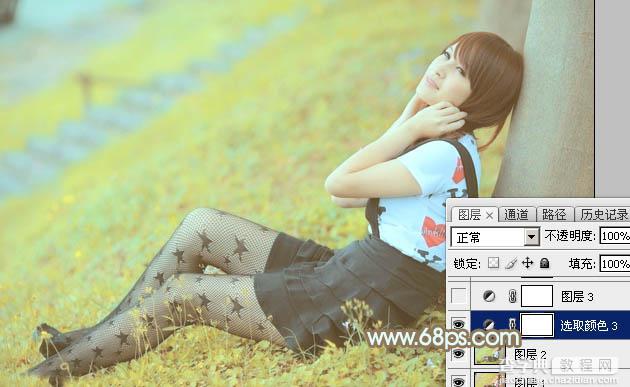 Photoshop将草地美女图片打造柔美的韩系粉黄色30
