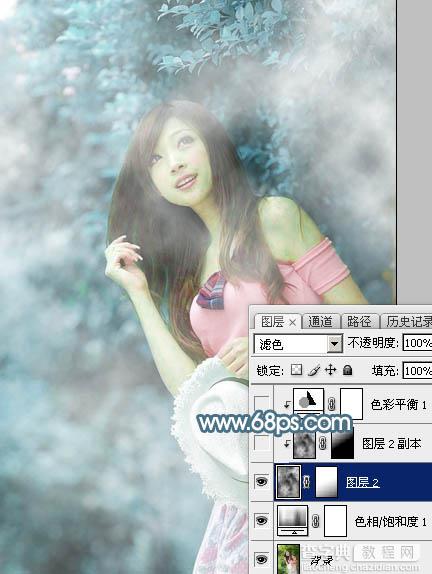 Photoshop为树林美女图片调制出唯美的淡蓝色云彩效果6