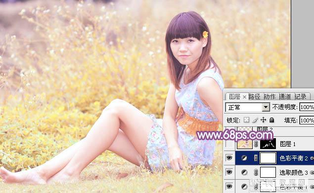 Photoshop将坐在草地上人物图片调制出淡淡的暖紫色25