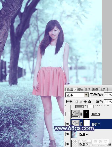 Photoshop给绿树边的美女增加甜美清爽的淡调青蓝色28