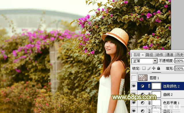 Photoshop将花草围墙边的美女图片调制柔和的韩系黄褐色21