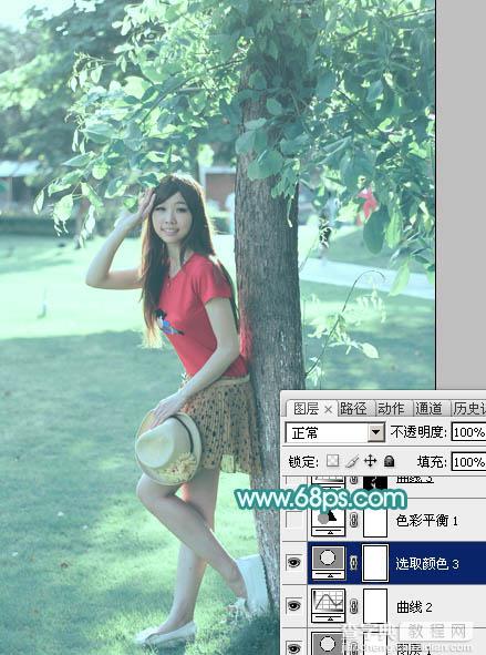 Photoshop为树荫下的美女图片加上清爽的青绿色22