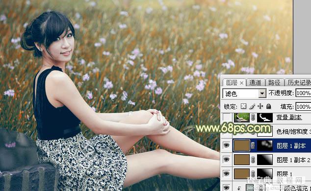 Photoshop为草地上的美女加上古典暗调青黄色37