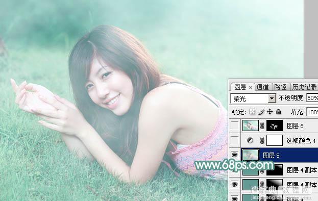 Photoshop为趴在草地上的美女打造柔和唯美清爽的青绿色36