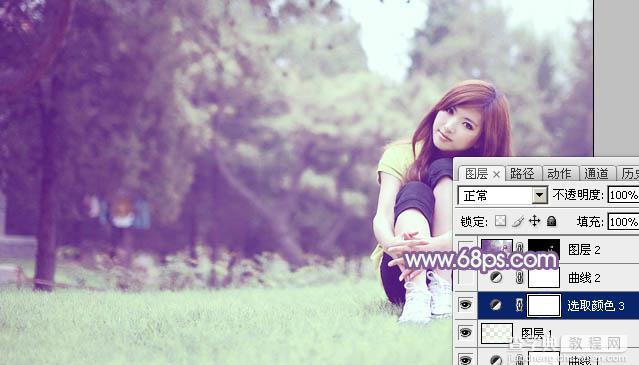 Photoshop将树林旁边草地上的美女图片增加柔和的绿紫色22