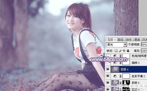 photoshop利用通道替换为树林美女增加柔美的淡调蓝紫色36