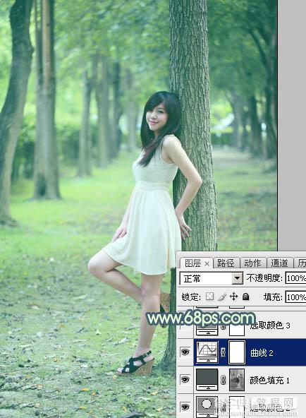 Photoshop为树林美女图片打造出柔和的青黄色23