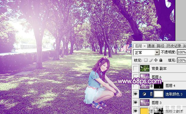 Photoshop为树林下草中的美女调制出淡美的黄紫色32