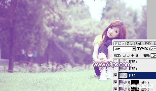 Photoshop将树林旁边草地上的美女图片增加柔和的绿紫色27