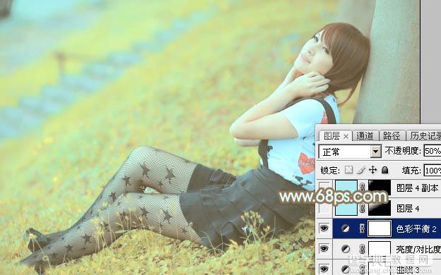 Photoshop将草地美女图片打造柔美的韩系粉黄色37