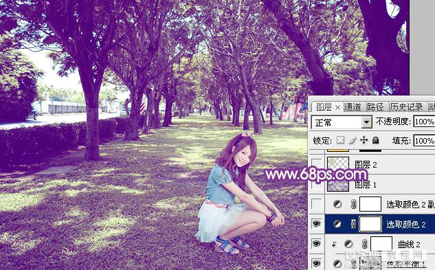 Photoshop为树林下草中的美女调制出淡美的黄紫色25