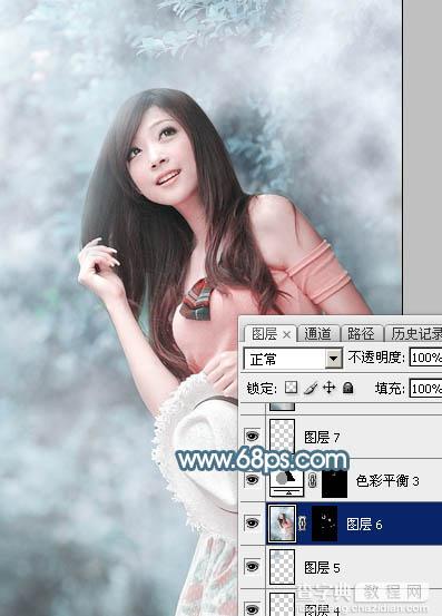 Photoshop为树林美女图片调制出唯美的淡蓝色云彩效果27