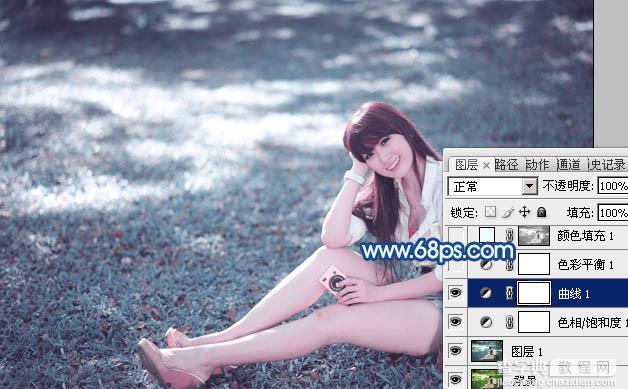 photoshop利用通道替换打造唯美的青蓝色草地美女图片8
