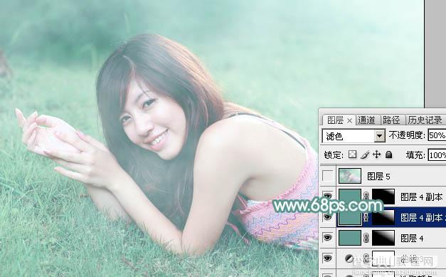 Photoshop为趴在草地上的美女打造柔和唯美清爽的青绿色35