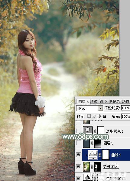 Photoshop为树林中的红衣美女加上漂亮的秋季色31