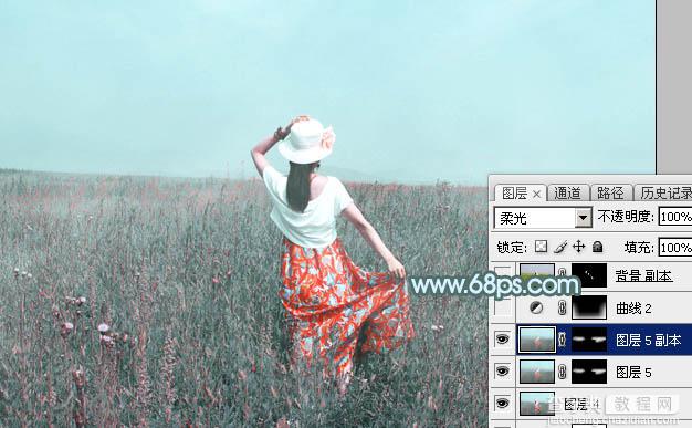 Photoshop为花丛中的美女图片打造柔美的中性淡青色28
