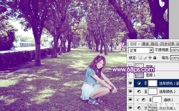 Photoshop为树林下草中的美女调制出淡美的黄紫色26
