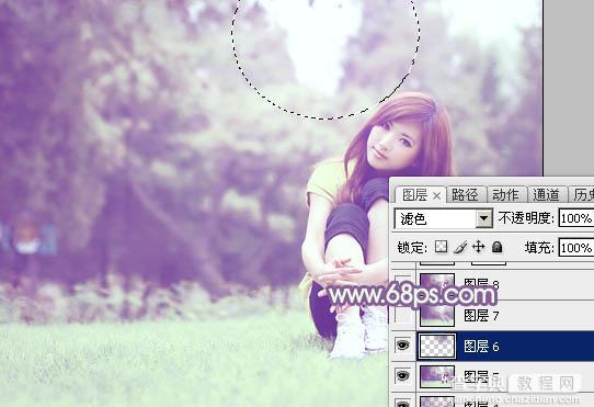 Photoshop将树林旁边草地上的美女图片增加柔和的绿紫色28