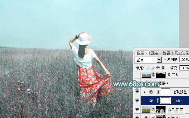 Photoshop为花丛中的美女图片打造柔美的中性淡青色30