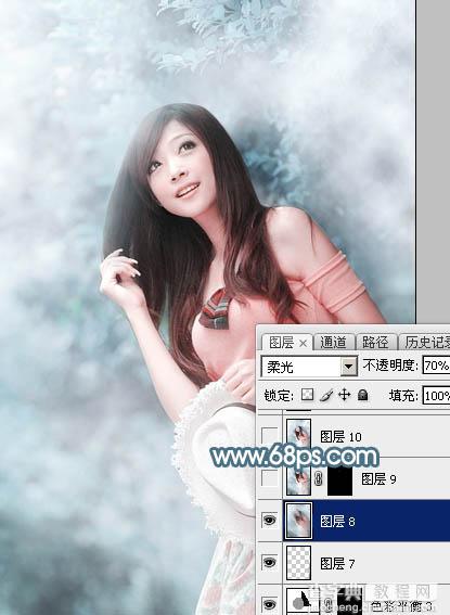Photoshop为树林美女图片调制出唯美的淡蓝色云彩效果28