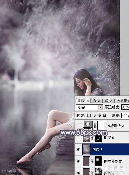Photoshop将湖景美女图片打造出个性的中性暗蓝色35