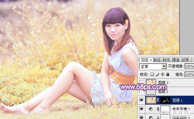 Photoshop将坐在草地上人物图片调制出淡淡的暖紫色26