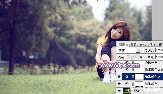 Photoshop将树林旁边草地上的美女图片增加柔和的绿紫色9