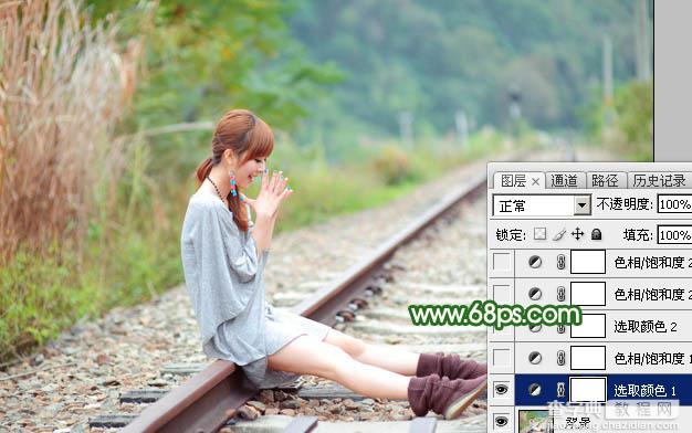 Photoshop为坐在铁轨的美女加上甜美的淡调粉绿色8