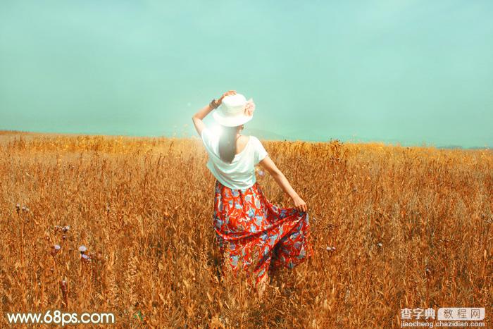 Photoshop给田野中的美女调制出流行的秋季青红色2