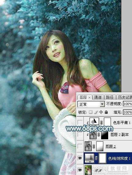 Photoshop为树林美女图片调制出唯美的淡蓝色云彩效果5