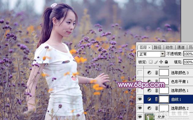 Photoshop为站在野花从中的美女调制出柔美的淡紫色7