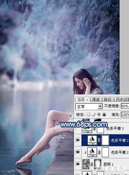 Photoshop为江景美女图片打造唯美梦幻的蓝紫色27