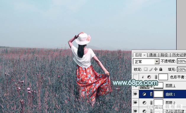 Photoshop为花丛中的美女图片打造柔美的中性淡青色14