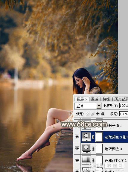 Photoshop为水边的美女图片加上暗调金秋色26