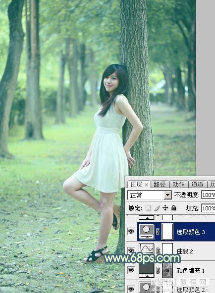 Photoshop为树林美女图片打造出柔和的青黄色28