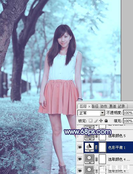 Photoshop给绿树边的美女增加甜美清爽的淡调青蓝色16