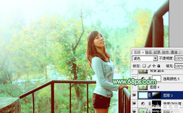 Photoshop为绿树中的美女加上清爽甜美的青绿色效果34