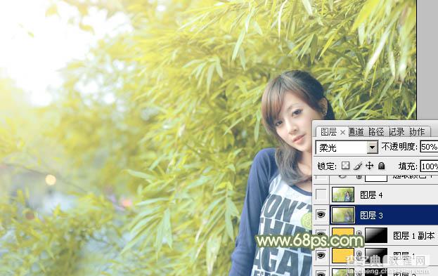 Photoshop为竹林边的美女加上甜美的淡调黄绿色24