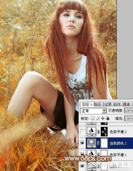 Photoshop将坐草地的美女增加上秋季橙色调22