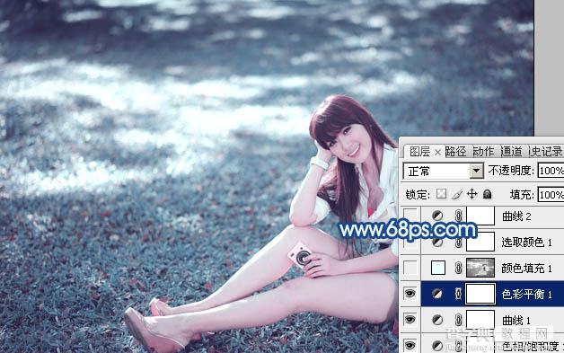 photoshop利用通道替换打造唯美的青蓝色草地美女图片11