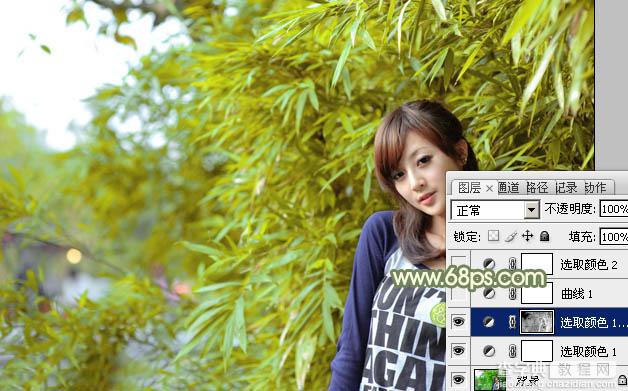 Photoshop为竹林边的美女加上甜美的淡调黄绿色7