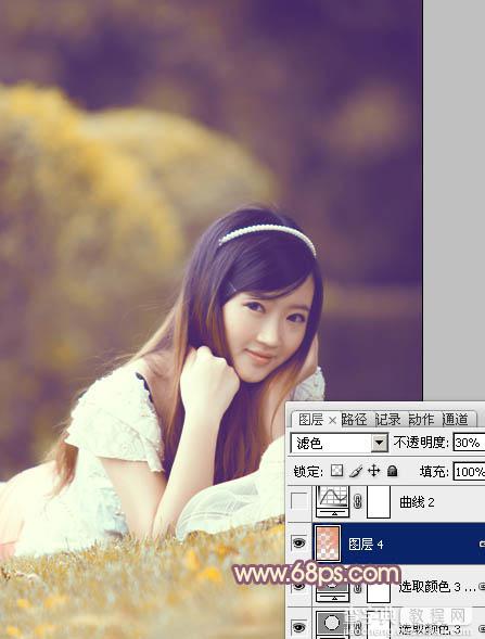 Photoshop将草地上的美女调制出柔美的橙紫色26