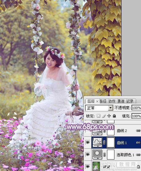 Photoshop将荡秋千的新娘图片增加唯美的淡调蓝黄色8