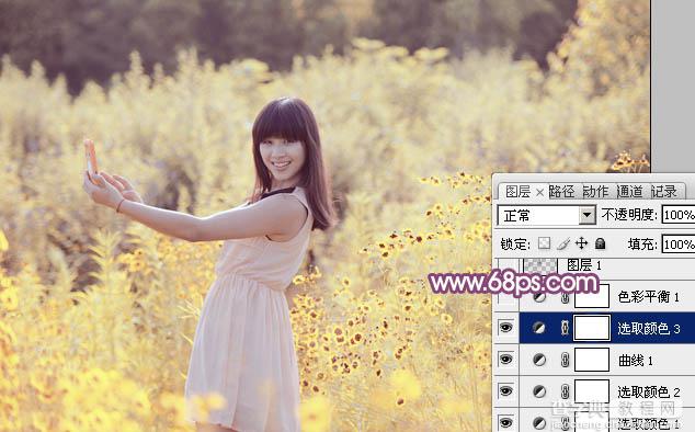Photoshop将偏暗野花中的美女图片调制出纯美的淡黄色19